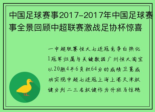 中国足球赛事2017-2017年中国足球赛事全景回顾中超联赛激战足协杯惊喜国家队征程坎坷